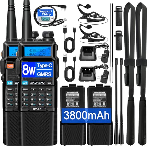 BAOFENG UV-5R Ham Radio Handheld: 8W Ham Radios Long Range UV5R Radio 3800mAh Rechargeable Walkie Talkies Two Way Radio with Programming Cable,Tactical Antenna and Earpiece for Survival Gear, 2 Pack