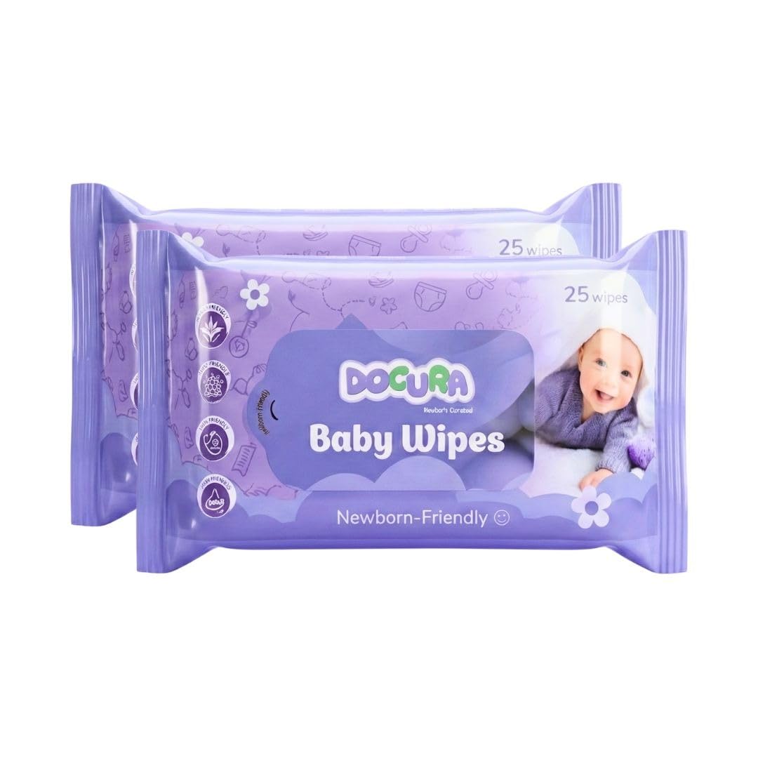 Docura Baby Wipes for Newborns | Gentle and Soft | Hypoallergenic Formula with Natural Ingredients | For Face Hands and Body | Travel-Friendly Packs | 25 Wipes Each (Pack of 2)-image-30