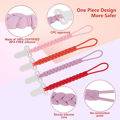 Image of 4-Pack Silicone Pacifier Clips with a Woven Rope Shape for Baby Boys and Girls - Flexible and Rust-Free Holders for Teething Relief and Baby Essentials, Safe for Newborns (Pink)