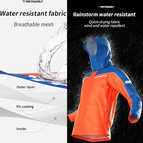 Image of Motowolf 2-Pcs Motorcycle Jacket Men & Pants, 100% Waterproof Protective Rain Gear Reflective Jacket with Hood, All-Season