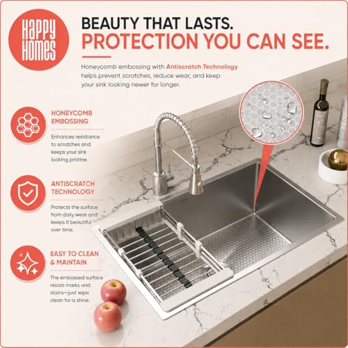 Image of HAPPY HOMES 304 Stainless Steel Kitchen Sink (24X18X10 Inch) Heavy Duty with HONEYCOMB ANTISCRATCH Design Matte Finish with Nanocoated Undercoating |Square Coupling and Metal Fruit Basket