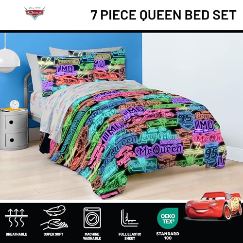 Image of Disney Pixar Cars McQueen Queen Comforter Set 7 Piece Kids Bedding, Black
