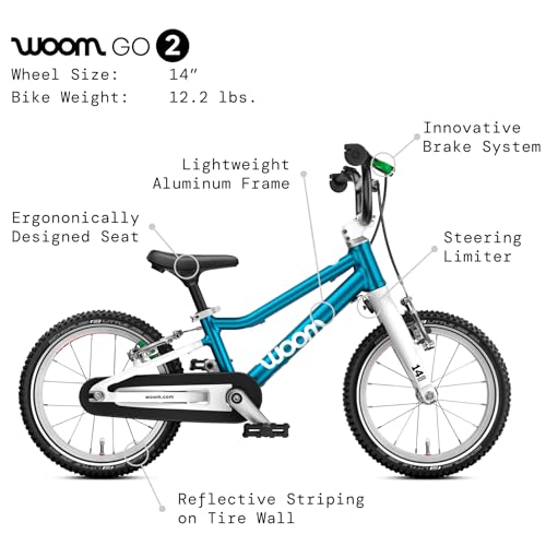 Image of woom GO 2 Bicycle for Children 3 to 4.5 Years Old, 14-Inch Lightweight Bike with Handbrake, Steering Limiter & Chainguard for Boys & Girls