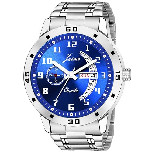 Image of jainx Day and Date Feature Steel Chain Analog Wrist Watch for Men (Blue /Black Color Dial)