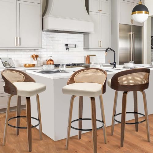 Image of 30 inch Swivel Rattan Bar Stools Set of 3 Mid-Century Modern Faux Leather Upholstered Bar Height Stools Kitchen Island Barstool with Rattan Low Backrest,Walnut Wood Finish Bar Chairs,Beige PU