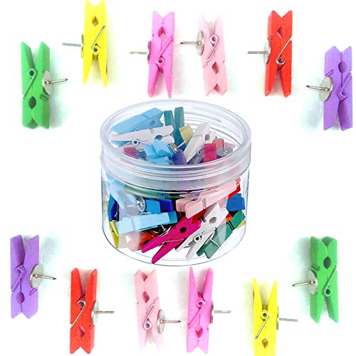 Dstertech Pack of 50 Colors Wood Clips with Push Pins for Cork Boards Paper Works/Notes/Photos/Cork Board/School Projects and Craft Projects-Clip Thumbtack-4.5cm / 1.8 inch