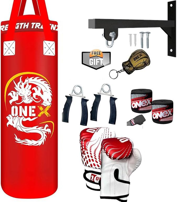 Junior Boxing Punch Bag Training Set, Filled 3ft Set, Wall Bracket Punching Gloves, Kickboxing MMA Grappling Muay Thai Karate BJJ Home Gym Fitness (Red, 3ft)