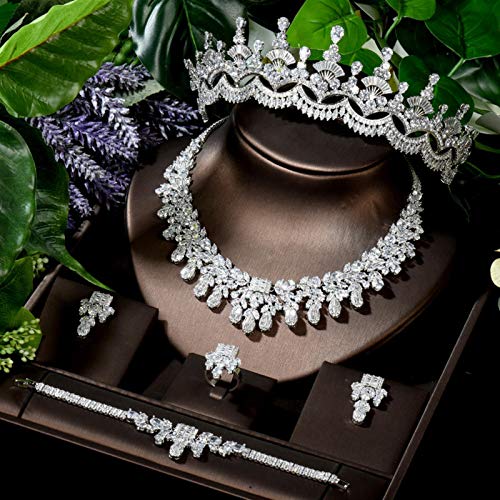 WJCRYPD Necklace Set White Gold Color Bridal Jewelry Sets Bridemaid Tiaras Crown Charm Flower Necklace Sets Indian Jewelry Sets Jewelry Set SurongL (Color : White Color)