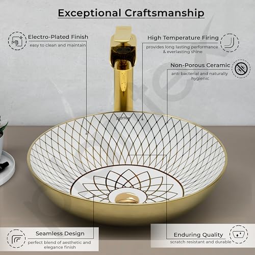 Image of Plantex Table Top Wash Basin For Bathroom /Designer Ceramic Basin /Countertop Vessel Sink Basin - Indo-European Collection (NC-664, 16 x 16 x 5 Inch)