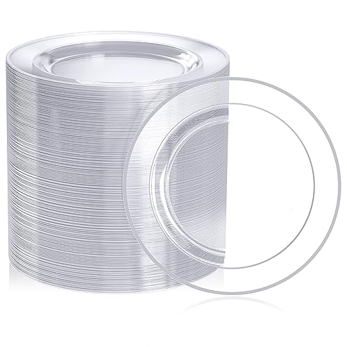 FOCUSLINE 100 Count Clear Silver Plastic Plates 7 Inch Disposable Heavy Duty Clear Plates with Silver Rim Premium Hard Plastic Plate Fancy Disposable Salad Dessert Plate for Wedding Parties