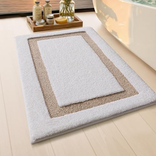 Image of Color&Geometry Mini White Bathroom Rugs 24x16, Extra Soft Absorbent Microfiber Bath Rug, Non-Slip Bathroom mat, Washable Plush Bath Mats for Bathroom, Shower, Bathtub, Laundry, Small, White Khaki