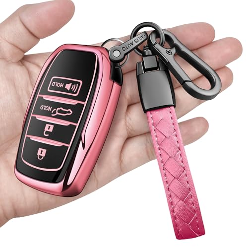 Sindeda for Toyota Key Fob Cover with Metal Keychain & Leather Strap for 2025-2026 Camry 4 Runner 2019-2026 Venza Land Cruiser 2023-2026 Tacoma Grand Highlander Corolla bZ4X 4-5 Buttons(Pink)