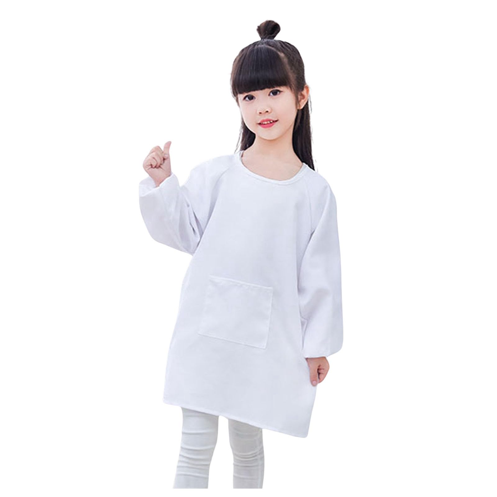 Children's Art Smock with Long Sleeves and Front Pocket, Waterproof Nylon Material for Painting, Drawing, and Messy Play, Adjustable Snap Closure, Ages 2-8, Solid Color Design (White, 80/小码)