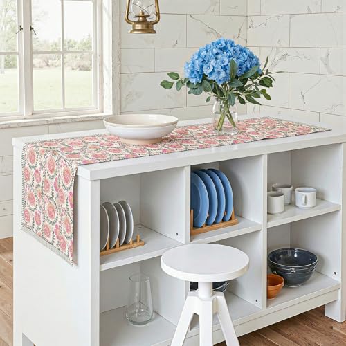 Image of Kuber Industries 13x72 Inch Dining Table Runner for Home Decor | 6 Seater Cotton Table Protecter Use for Kitchen & Buffet Cabinet | Flower Print - White & Pink