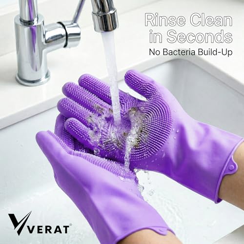 Image of Kitchen Dishwashing Gloves for Washing Dishes - Reusable Rubber /Silicone Cleaning Gloves for Kitchen, Bathroom & Car Cleaning - Waterproof Household Hand Gloves for Women, Home Essentials (Purple)
