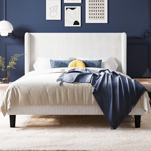 Image of Allewie Full Size Platform Bed with Corduroy Wingback Headboard, White | 800 lb Capacity, Corduroy Wingback Headboard, Vertical Channel Design, Wood Slat Support, No Box Spring Needed, Easy Assembly