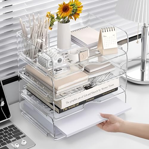 Image of 4-Tier Paper Organizer for Desk, Stackable Desk Organizer Paper Tray, Ideal for Office Supplies,A4 Storage (Clear, 4-Tier Widened)