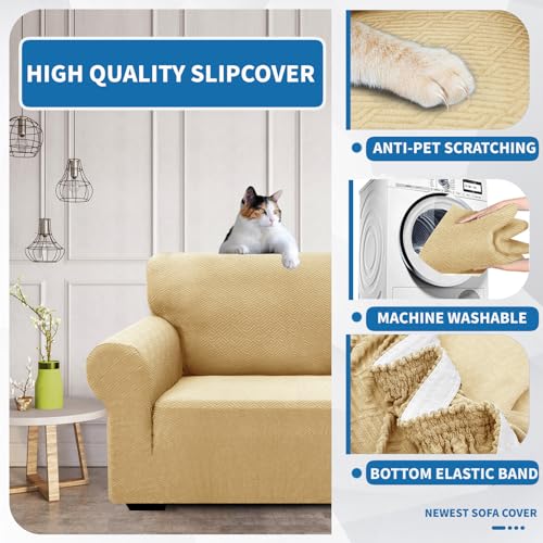 XINEAGE 2 Seater Stretch Sofa with Armrests for the Living Room Universal Cover, Non-Slip for Dogs and Pets Beige - Image 4