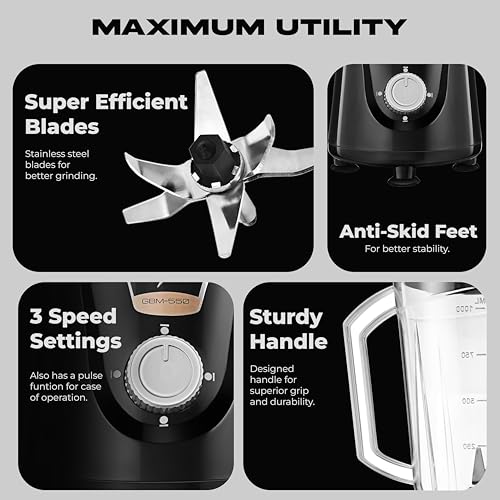 Image of Kinsco 550W Blender Mixer with 3 Jars | Heavy Duty Motor for Daily Grinding and Juicer | Strong Steel Blades | Home and Kitchen | Black