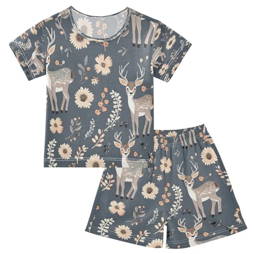 senya Short Sleeve Pajamas Sets Summer Cotton Sleepwear Deer with Flowers