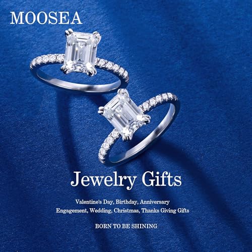 MOOSEA Emerald Cut Moissanite Engagement Ring, 2ct D Color VVS1 Clarity Lab Created Moissanite, 14K White Gold Vermeil Double Claw Solitaire, Size 4-113