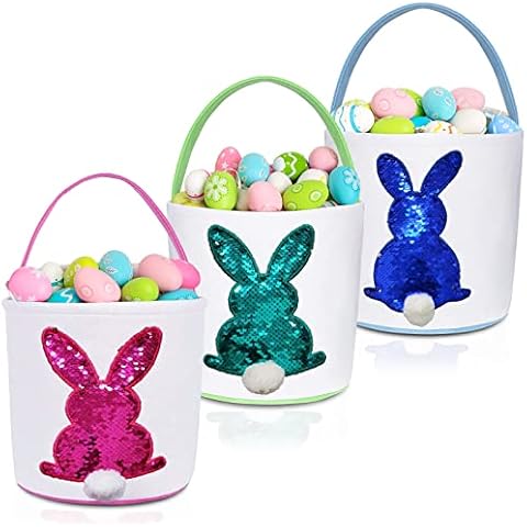 Easter Bunny Baskets for Kids, 3 Pack Canvas Easter Eggs Hunt Bag Rabbit Gifts Toys Bucket Tote (Pink) Cover