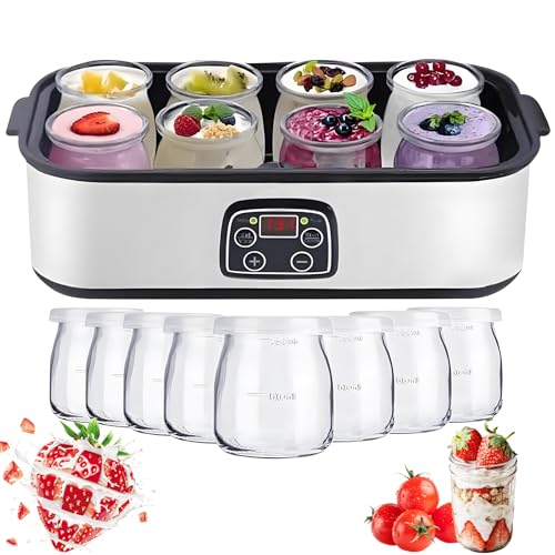 Máquina automática para hacer yogur, 1400 ml con 8 tarros de vidrio, control de temperatura y tiempo ajustable para yogur orgánico casero