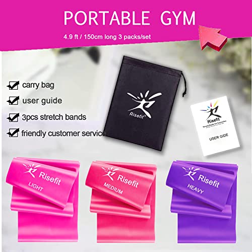 Image of Therapy Flat Resistance Bands Set, Latex Free Flat Elastic Exercise Stretch Bands for Stretching, Flexibility, Pilates, Yoga, Ballet, Gymnastics, Rehab, Workout, Pink, Purple, Blue (3 Pack, 5 FT long)