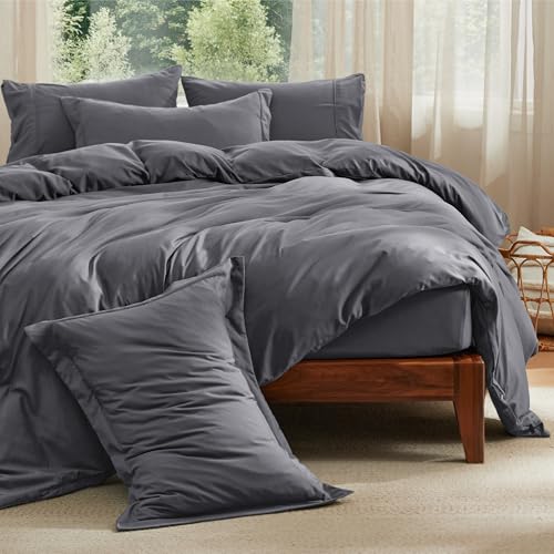 Image of Bedsure Duvet Cover with Fitted Sheet Queen - 6 Pieces, Deep Pocket, Hotel Luxury Soft Double Brushed Bedding Set, 1 Duvet Cover, 1 Fitted Sheet, 2 Pillow Shams, 2 Pillowcases, NO Comforter, Dark Grey