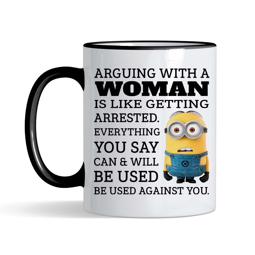 Crunchy Carrots Arguing with a Woman is Like Getting Arrested 11 oz Coloured Rim and Handle Ceramic Coffee Mug (Black Rim)