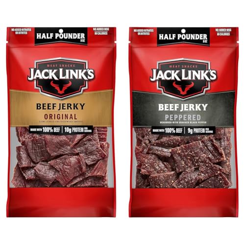 Jack Link's Beef Jerky, Original & Peppered, ½ Pounder Bags, Flavorful Meat Snack, 9g or 10g of Protein and 80 Calories, Made with Premium Beef, Perfect Hunting Trip Snacks - 96% Fat Free (Pack of 2)