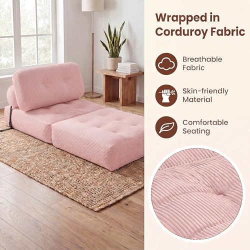 Image of COSTWAY Folding Sofa Bed with Pillow, Convertible Couch (Pink) | with Backrest & Fixing Straps, Boneless Convertible Sleeper Chair for Adults, Guest Use, Living Room