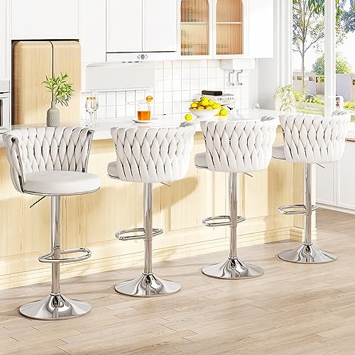 Image of AWQM Velvet Bar Stool Set of 2, Counter Height Barstools with Adjustable Swivel Chairs, Upholstered Bar Chairs with Back & Footrest, Beige