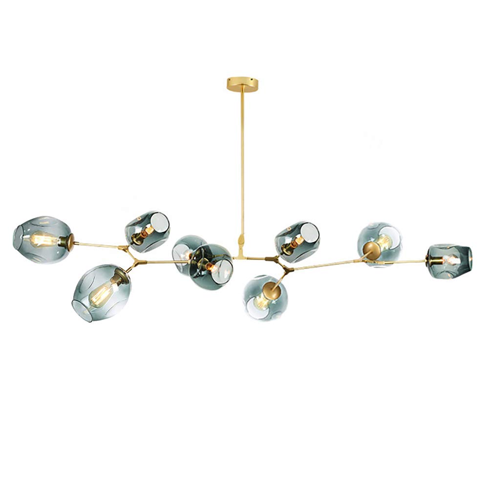 CSXSXAUO Adjustable Height Nordic Glass Ball Chandelier - Matte Black Design, E26 Metal, Hand-Blown Branches, Mid Century Globe Light Fixture, 9 Lights in Blue & Gold