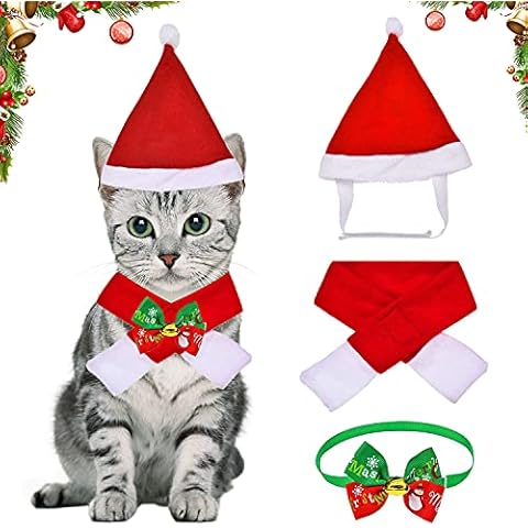 Christmas Pet Hat Scarf, 4 Pieces Pet Christmas Costume Outfit, Christmas Dog Scarf Santa Hat Bow Tie for Dog Cat Pet Christmas Party Cosplay Supplies - Red Cover