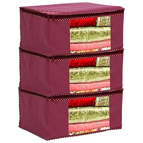 Jewar Mandi Garment Cover Non-Woven Printed Saree Cover Sari Organizer with Transparent Front Storage Bags for Clothes Pack Of 3 (Maroon) Cover