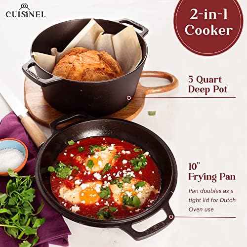 Cuisinel Cast Iron Dutch Oven - 5-Quart Deep Pot - Preseasoned 2-in-1 Multi-Cooker - Combo Lid Doubles as 10"-inch Skillet Frying Pan + Silicone Handle Covers + Scraper - Indoor/Outdoor Bread Cookware - Thumbnail 4