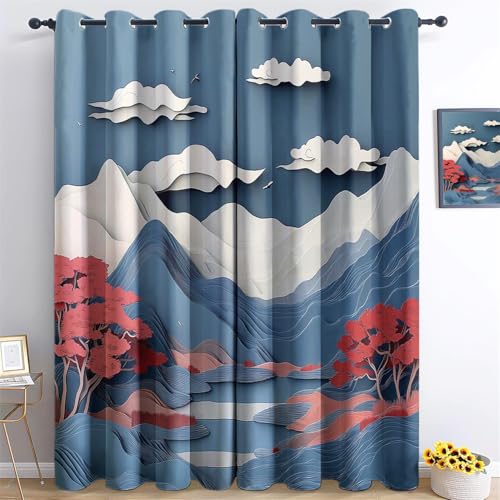 Cortinas 100An x 160Al cm (2 Paneles) Opacas para Dormitorio Oscurecimiento De La Habitación Cortinas Terciopelo con Elementos Chinos Nubes Montañas Elegante Cortinas Azul