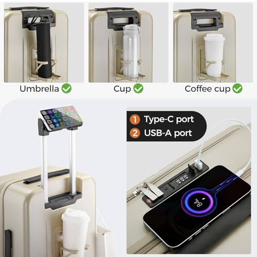 Image of Carry On Luggage Top Opening with Cup Holder & Phone Holder, Expandable PC Hard Shell Suitcase with USB Charging Port, Side Hook, 360 Spinner Wheels, TSA Lock & YKK Zippers