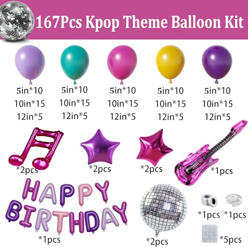 Image of 167PCS Purple Pink Teal K-Pop Music Themed Birthday Decorations with HAPPY BIRTHDAY &Musical Symbols & Disco Star & Guitar Foil Balloons for Kpop Music Girls Fans Birthday Party Grad Prom Decoration