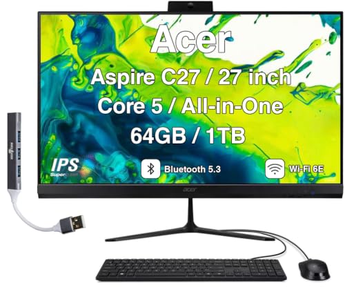 Image of Acer Aspire C27 All-in-One Desktop, 27 inch IPS FHD, Intel Core 5 120U | 64GB DDR5, 1TB PCIe SSD, USB Keyboard and Mouse, Wi-Fi 6E, Bluetooth 5.3, Webcam, Windows 11 Home /w USB Hub
