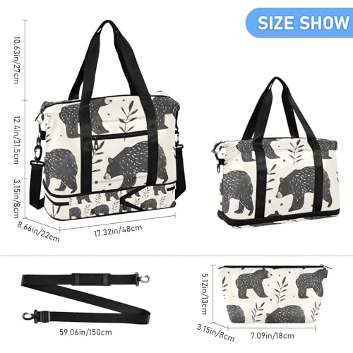 ALAZA Sports Duffel Bags with Toiletry Bag Set,Bear Plant Leaves Travel Duffel Bags Multi Pockets Weekend Bag3