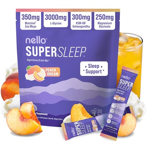 Nello Supersleep Nighttime Sleep Support Drink Mix Ashwagandha Maizinol L-Glycine Magnesium Glycinate Peach Dream (Pack of 20)