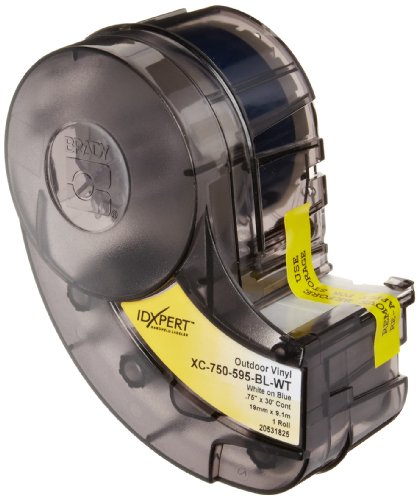 Brady XC-750-595-BL-WT IDXPERT & LABXPERT Labels B-595 Indoor/Outdoor Vinyl Film White on Blue, Printable Area: 19.000" W x 0.750" H 1 roll (30ft.)/Cartridge