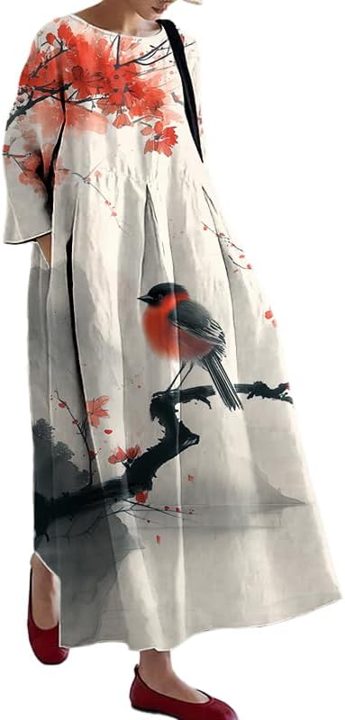 Maxi Dress for Women Plus Size Chinese Ink Wash Style Floral Dress Casual Baggy Dress