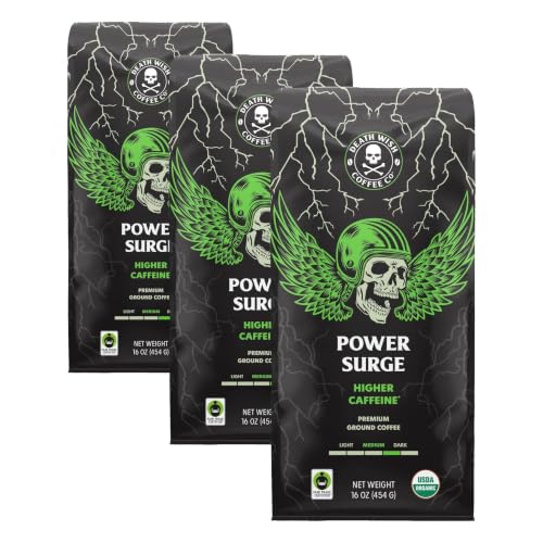 Image of Death Wish Coffee, Power Surge Ground Coffee, Naturally Higher Caffeinated Coffee, Certified Fair Trade and Organic (16 oz) (Pack of 3)