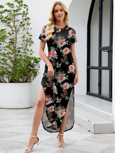 Image of Heymoments Womens Summer Maxi Dress Short Sleeve Casual Loose Long T Shirt Split Vacation Beach Sundress with Pockets