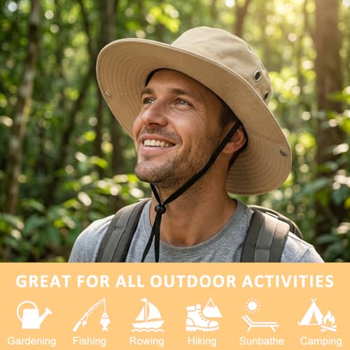 Image of GUSTAVE UV Sun Protection Hat with 2 in 1 Face Cover Neck Gaiter, Wide Brim Round Cap with Ice Silk Nylon Breathable Mesh Mask, UV Protection Fishing Hiking Cycling Outdoor Cap Set Light Khaki