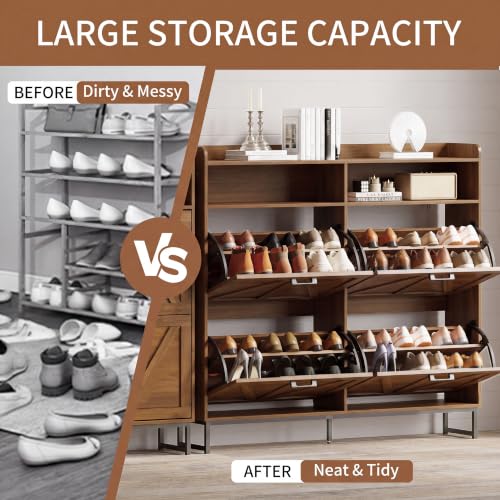 Image of Xixini Shoe Storage Cabinet with 4 Flip Drawers, Entryway Shoe Rack, Walnut | Freestanding Narrow Shoe Storage, Hidden Slim Wood Shoe Organizer, Modern Farmhouse, Open Storage & Hooks for Closet, Hallway