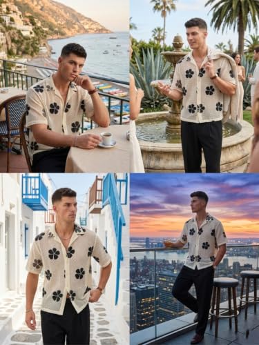Image of GRECIILOOKS Men`s Shirt | Mens Casual Crochet Knitted | Half Sleeve Printed Crochet with Cuban Collar Shirt`s | Relaxed fit Down Shoulder Textured & Stylish Premium Mens Shirt